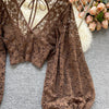 Autumn Black/White/Brown Sexy Lace Blouse Women Elegant V-Neck Puff Long Sleeve Open Back Short Tops Female Party Blusas 2021