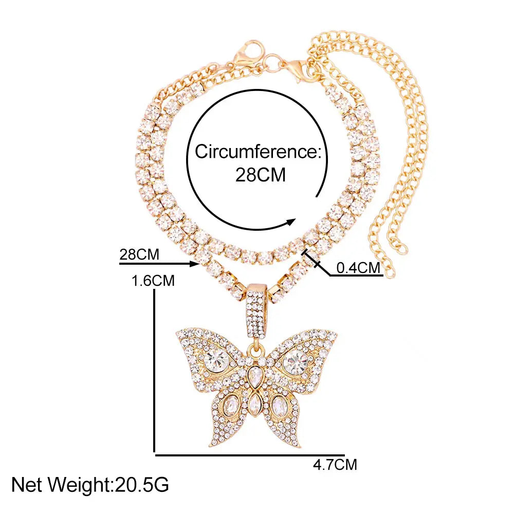 Iced Out Crystal Rhinestones Butterfly Pendants Anklet Chain For Women Multi-layer Big Rhinestones Tennis Chain Ankle Jewelry