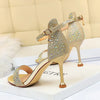 Women Summer Sandals 8.5cm High Heels Rhinestone Crystal Middle Heels Ankle Strappy Sandles Lady Wedding Event Party Gold Shoes
