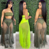 CM.YAYA Women Mesh See Though Two Piece Set Sexy Beach Strapless Tops and Pleated Maxi Skirts Matching Set Summer Outfits