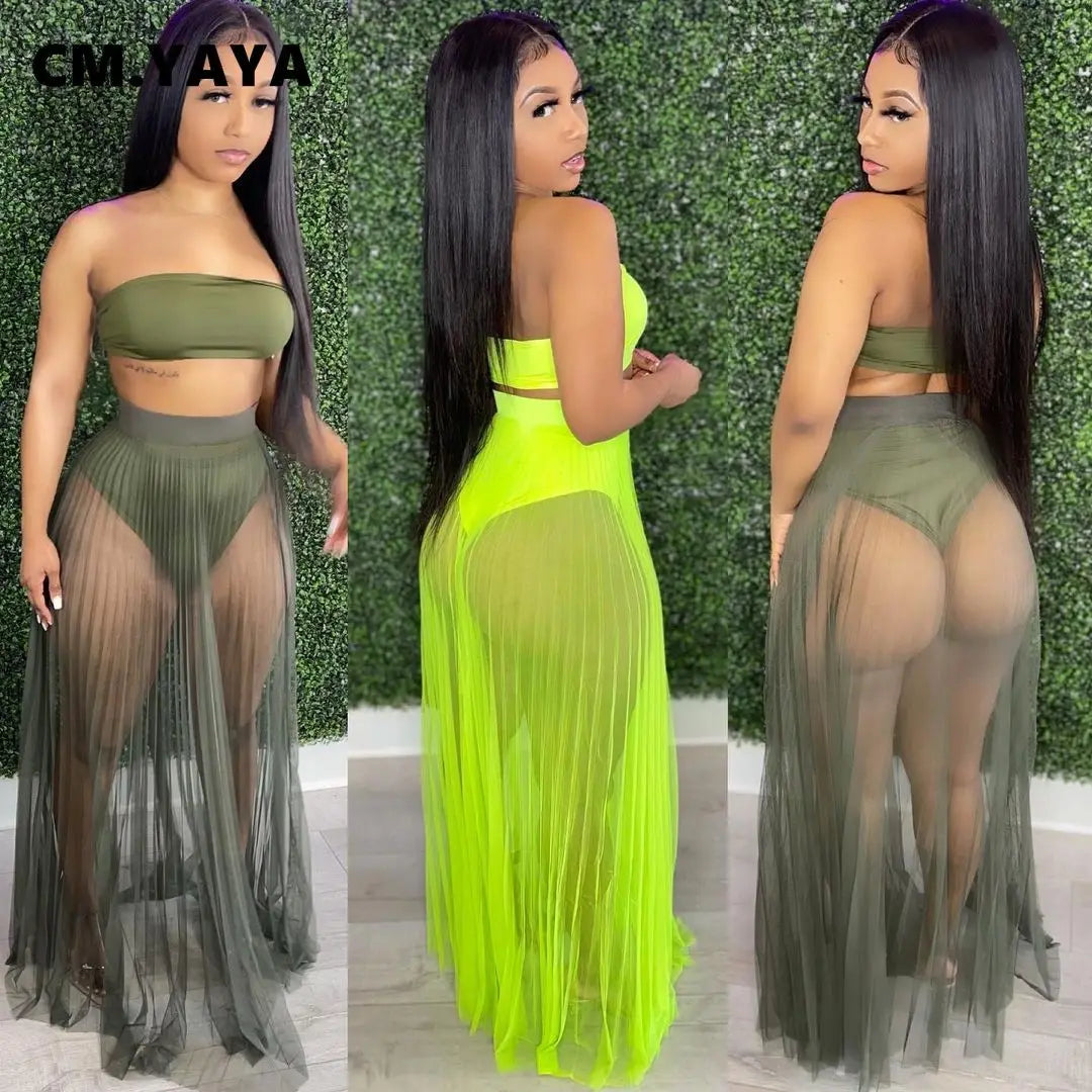 CM.YAYA Women Mesh See Though Two Piece Set Sexy Beach Strapless Tops and Pleated Maxi Skirts Matching Set Summer Outfits