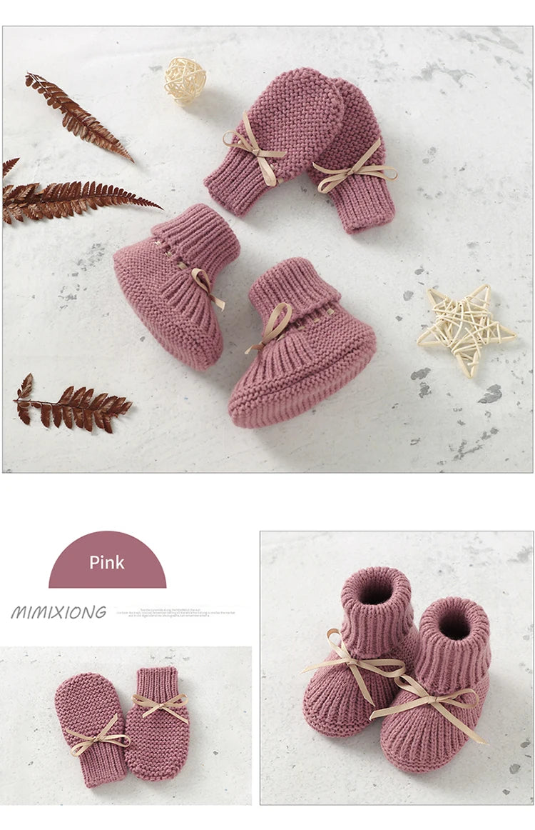 Baby Shoes + Gloves Set Knit Newborn Girls Boys Boots Mitten Fashion Butterfly-knot Toddler Infant Slip-On Bed Shoes Hand Made