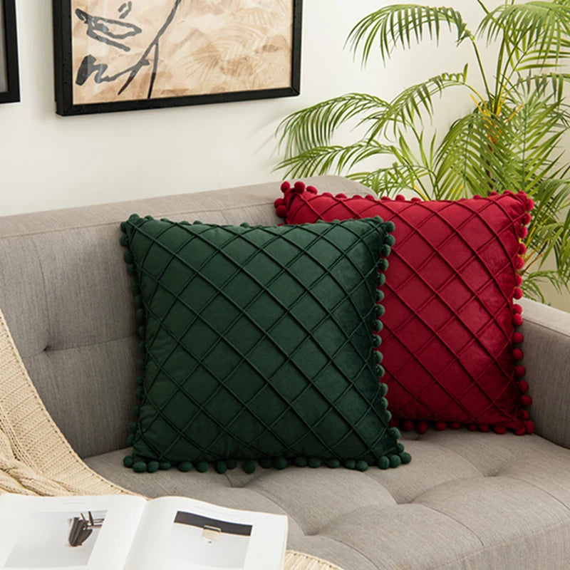Inyahome Velvet Waist Throw Pillow with Pompom Solid Color Decorative Cushio Pillow Pink Grey Green Solid Velvet Home Pillowcase