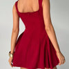 Women's Slimming Short Puffy Dress One-Piece Summer Formal Style with Waist-Tight Square Collar Soft Casual Sleeveless Design