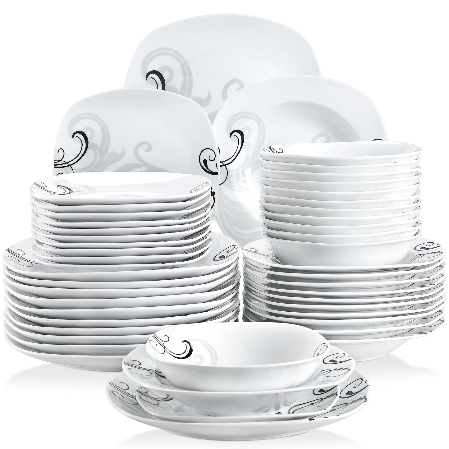 VEWEET ZOEY 48-Piece Black Decals Dinner Combi-Set Porcelain Tableware Set with Bowls Dessert Plates Soup Plate Dinner Plates