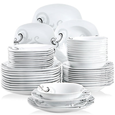 VEWEET ZOEY 48-Piece Black Decals Dinner Combi-Set Porcelain Tableware Set with Bowls Dessert Plates Soup Plate Dinner Plates