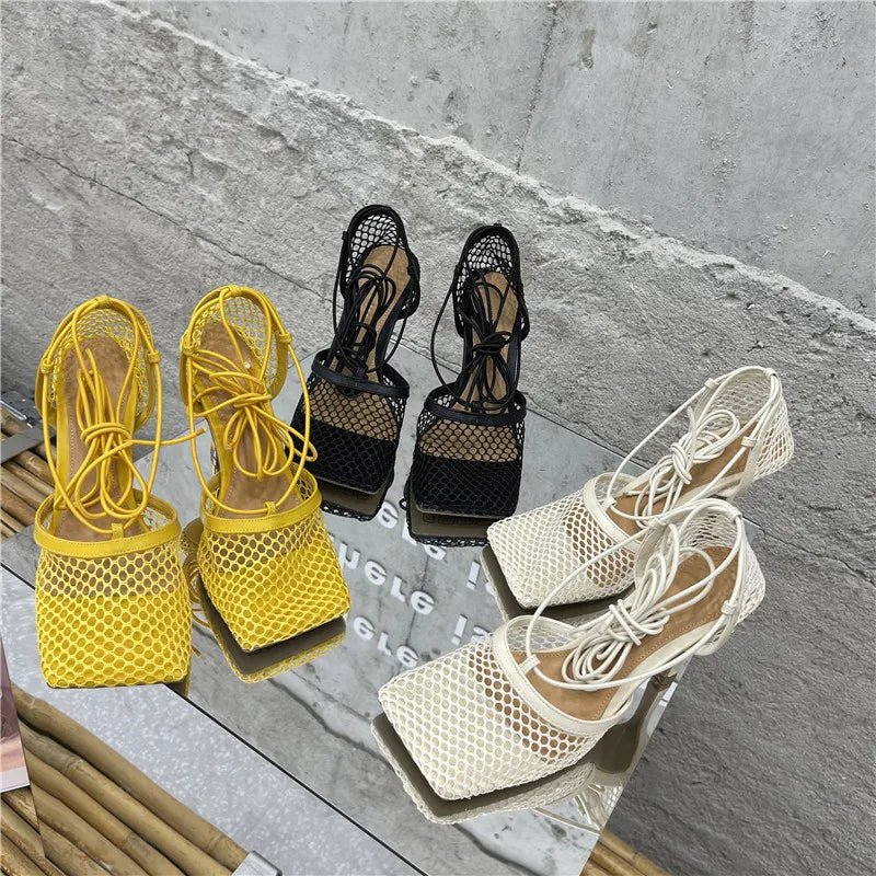 Eilyken Sexy Mesh Pumps Sandals Female Square Toe High Heel Lace Up Cross-Tied Stiletto Hollow Dress Shoes Zapatos Mujer