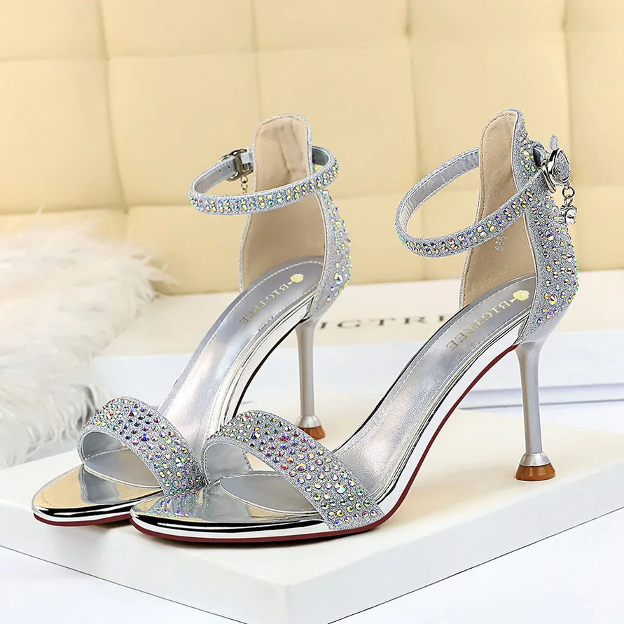 Women Summer Sandals 8.5cm High Heels Rhinestone Crystal Middle Heels Ankle Strappy Sandles Lady Wedding Event Party Gold Shoes