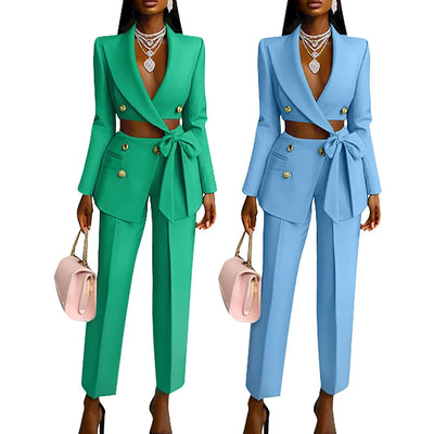 Fashion Summer Ladies Office Wear for Women Elegant Long Sleeve Top and Straight Pants Set Two Piece Set Women Clothing