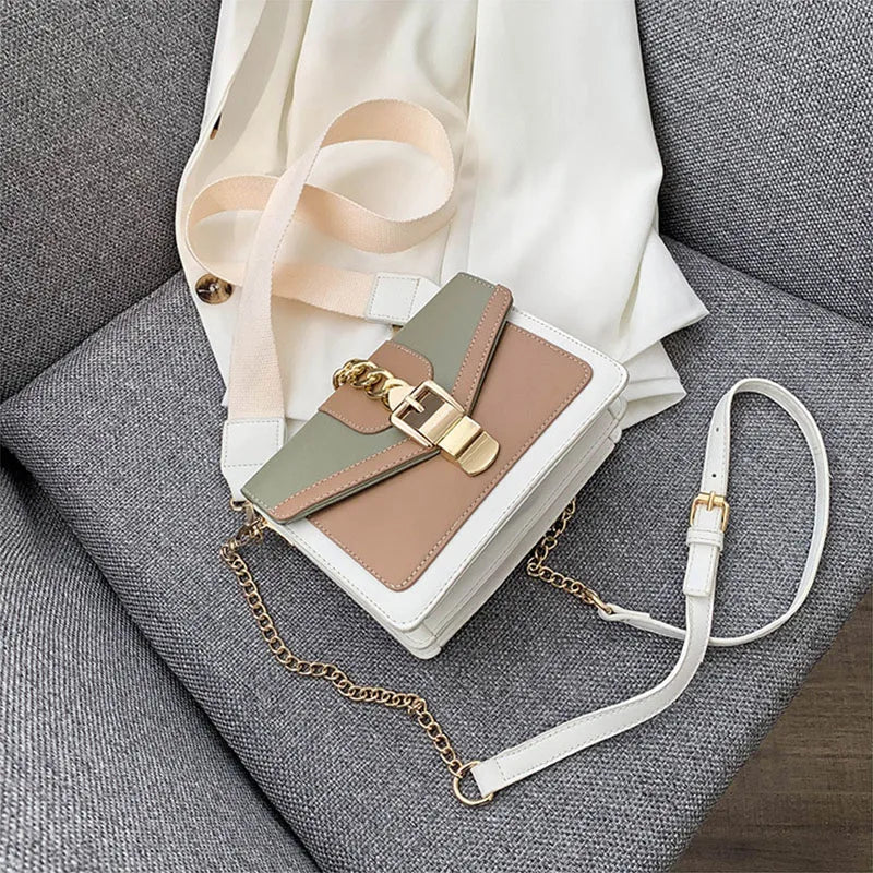 Fashion Women Chain Crossbody Bag Leisure Splice Small Square Shoulder Bag Luxury Design Messenger Bag Travel Purse and Handbag