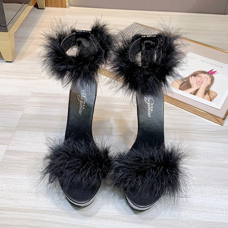 2021 New 4 Color Feather Thick High Heels Platform Sandals Women 14cm 17cm Heels Shoes Female Summer Hair Wedding Pumps Shoes