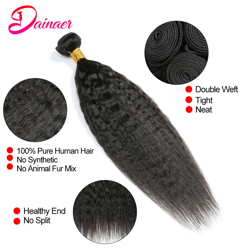 Kinky Straight Human Hair 3 Bundles With Closure Yaki Straight Hair Bundles With 4x4 Closure Human Hair Bundles With Closure