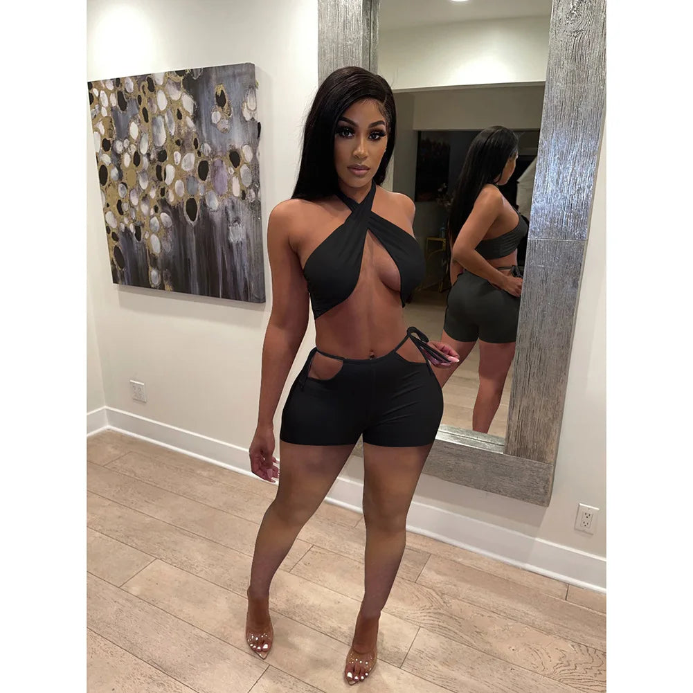 Two Piece Sets for Women Ruched Bandage Criss Cross Solid Women 2024 Spring Backless Club Crop Top and Shorts Matching Set