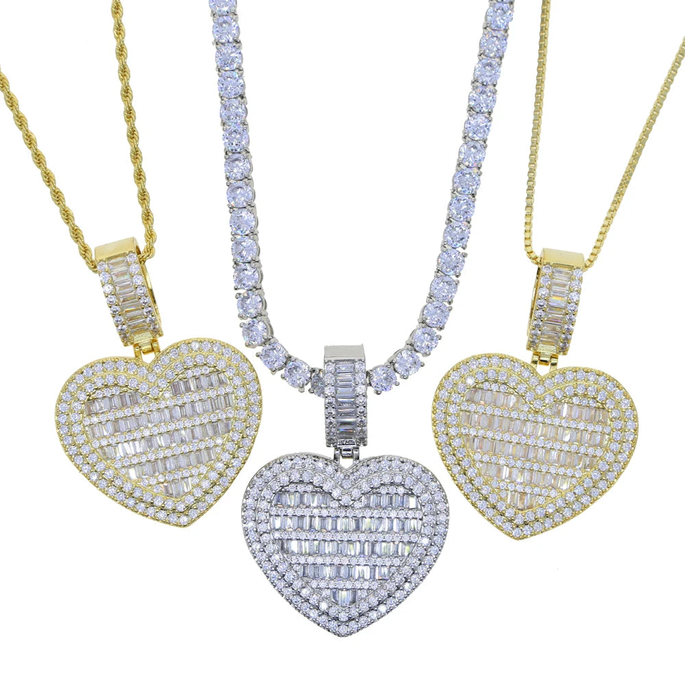 In Stock Iced Out Bling Women Jewelry 5A White Cubic Zirconia Heart Shaped Pendant Necklace With Tennis Box Chain