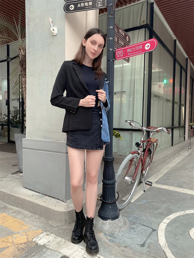 Women Vintage Fashion Blazer Denim Patchwork Jackets 2022 Autumn Winter Irregular Coat Women Long Sleeve Loose Korean Outerwear