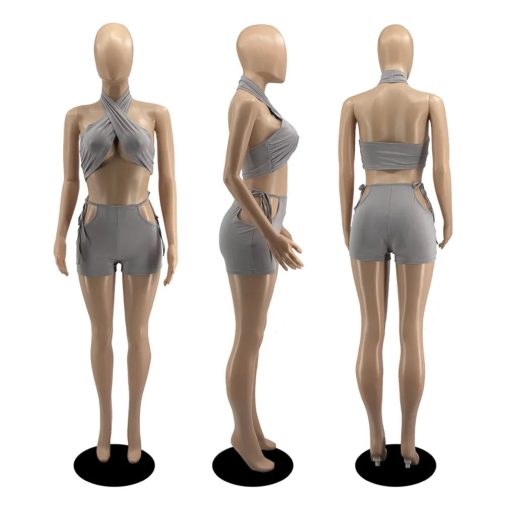 Two Piece Sets for Women Ruched Bandage Criss Cross Solid Women 2024 Spring Backless Club Crop Top and Shorts Matching Set