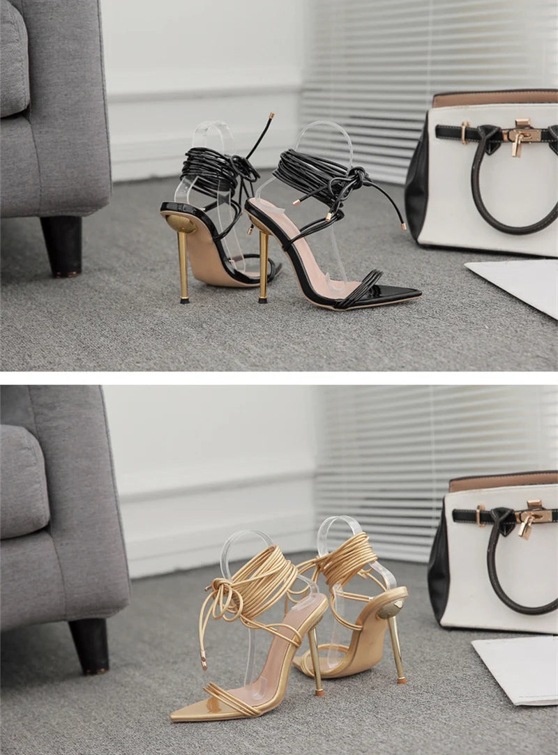 Summer 12CM Gladiator Heels Sandals For Women Fashion Pointed Open Toe Lace-Up Stiletto Ladies Strappy Wedding Shoes Black Red