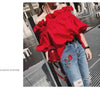 Women Korean Ruffles Off Shoulder Tee Top Puffy Sleeves Red Chiffon Blouse Female Oversize Casual Shirt Lady Chic New