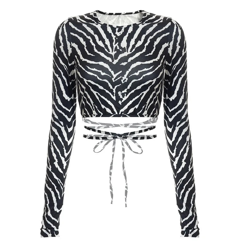Sexy Backless Lace ups Pullover Tees Women Autumn Black O-neck Slim Longsleeve Short T-Shirt