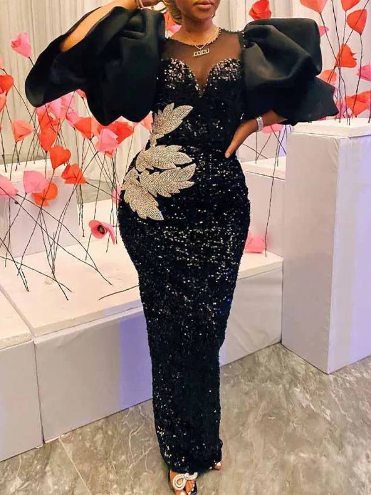 Customized Long Black Dresses Velvet Sequins Embroidered Chest Wrapped Puff Sleeve Dress Classy Ladies Spring Fall Party Celebri