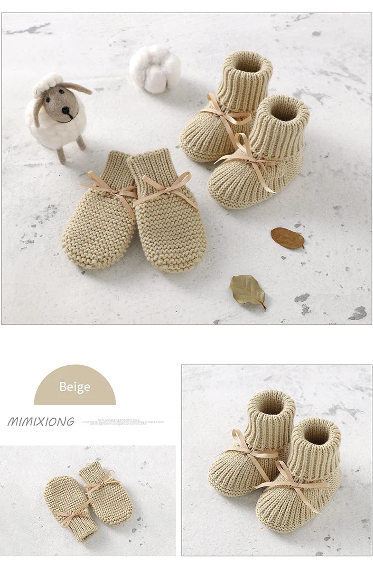 Baby Shoes + Gloves Set Knit Newborn Girls Boys Boots Mitten Fashion Butterfly-knot Toddler Infant Slip-On Bed Shoes Hand Made