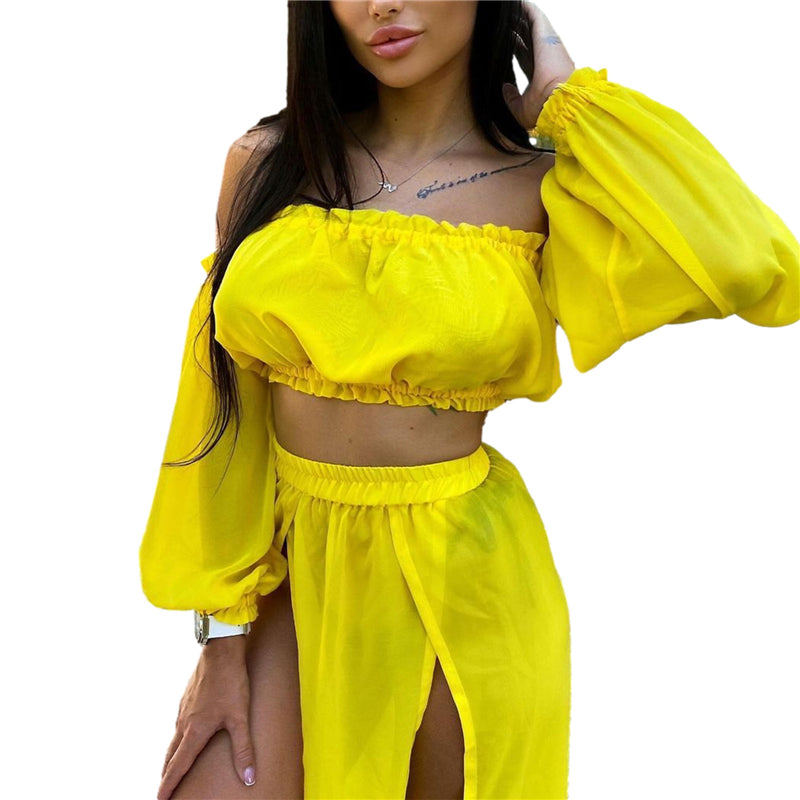 Puloru New Women Two-pieces Beach Suits Summer Solid Color Bikini Cover-ups Sets Off Shoulder Crop Tops+High Slit Maxi Skirts