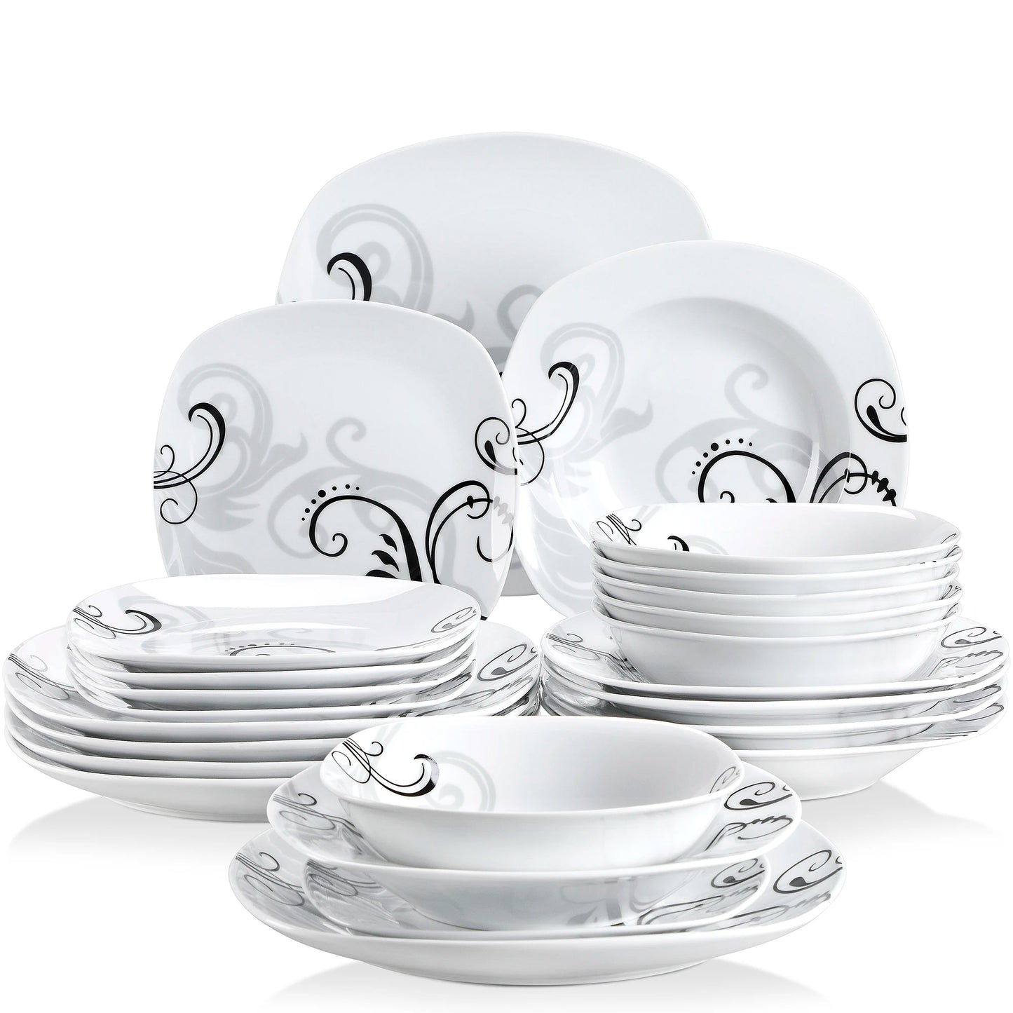 VEWEET ZOEY 48-Piece Black Decals Dinner Combi-Set Porcelain Tableware Set with Bowls Dessert Plates Soup Plate Dinner Plates