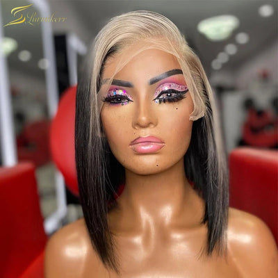 Highlight Black And White Wig Color Preplucked Hairline 613 Blonde Short Bob 13x4 Human Hair Lace Front Wigs HD Frontal Straight