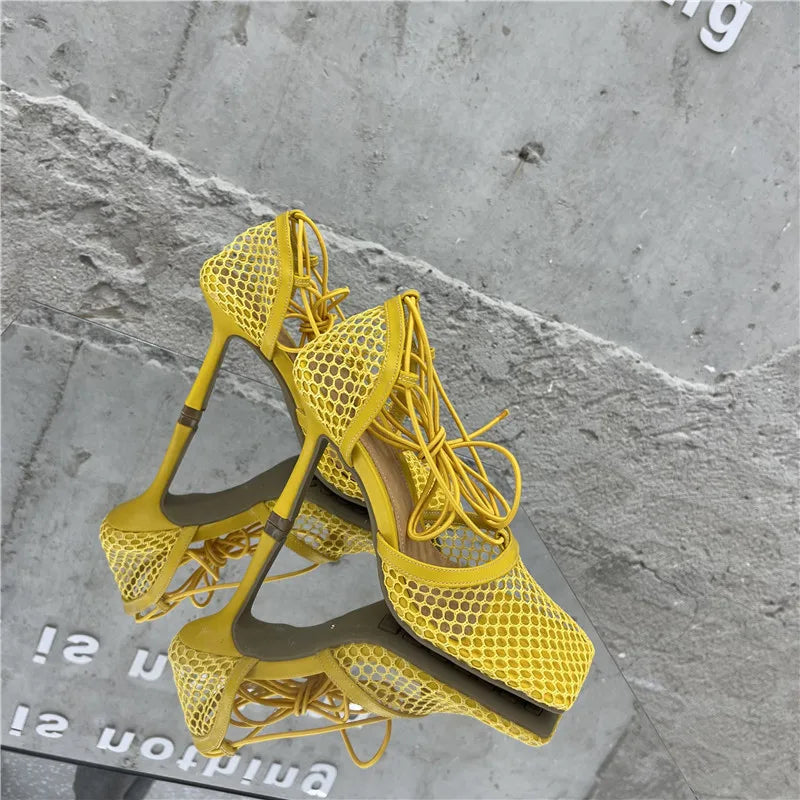 Eilyken Sexy Mesh Pumps Sandals Female Square Toe High Heel Lace Up Cross-Tied Stiletto Hollow Dress Shoes Zapatos Mujer