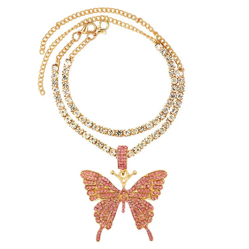 Iced Out Crystal Rhinestones Butterfly Pendants Anklet Chain For Women Multi-layer Big Rhinestones Tennis Chain Ankle Jewelry