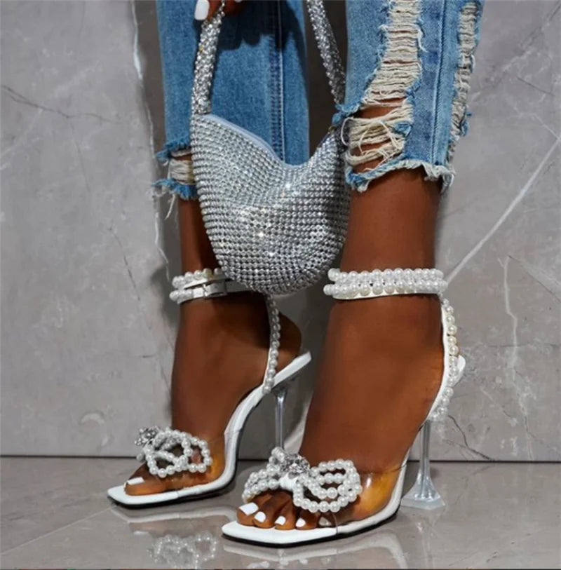 Eilyken New Women Sandals 2025 Summer Sexy Perspex Crystal High Heels Party Wedding Shoes Square Toe Pearls String Bowknot Pumps
