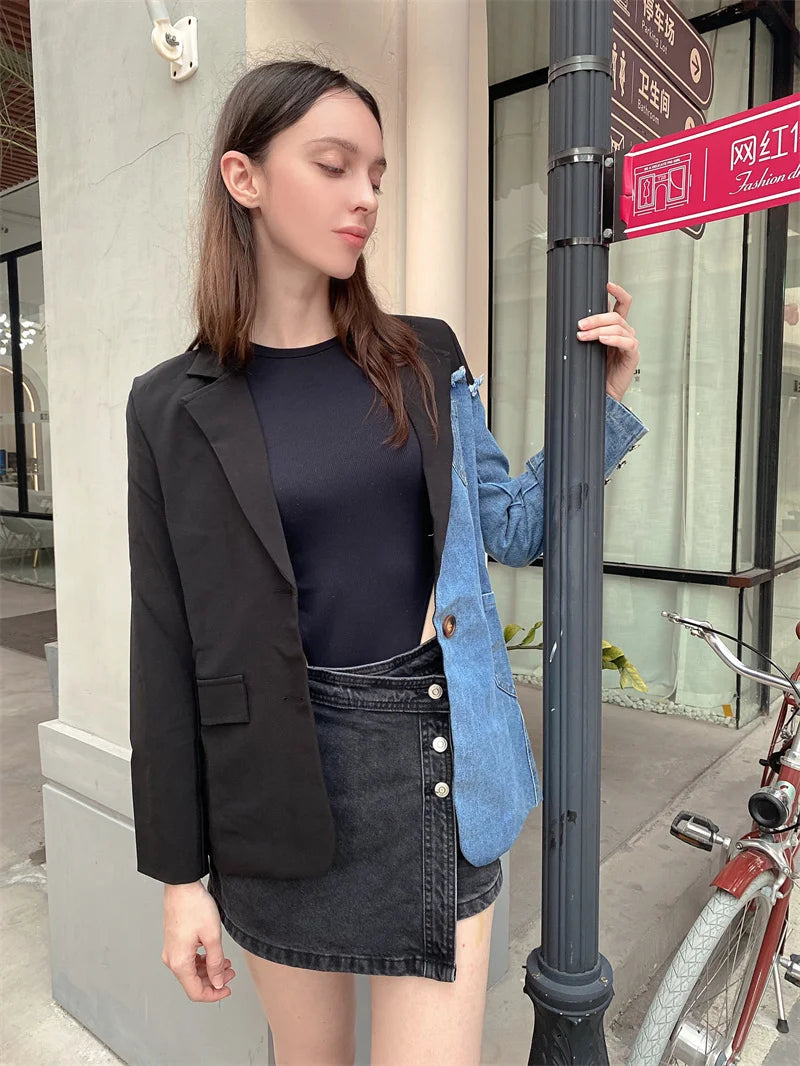 Women Vintage Fashion Blazer Denim Patchwork Jackets 2022 Autumn Winter Irregular Coat Women Long Sleeve Loose Korean Outerwear