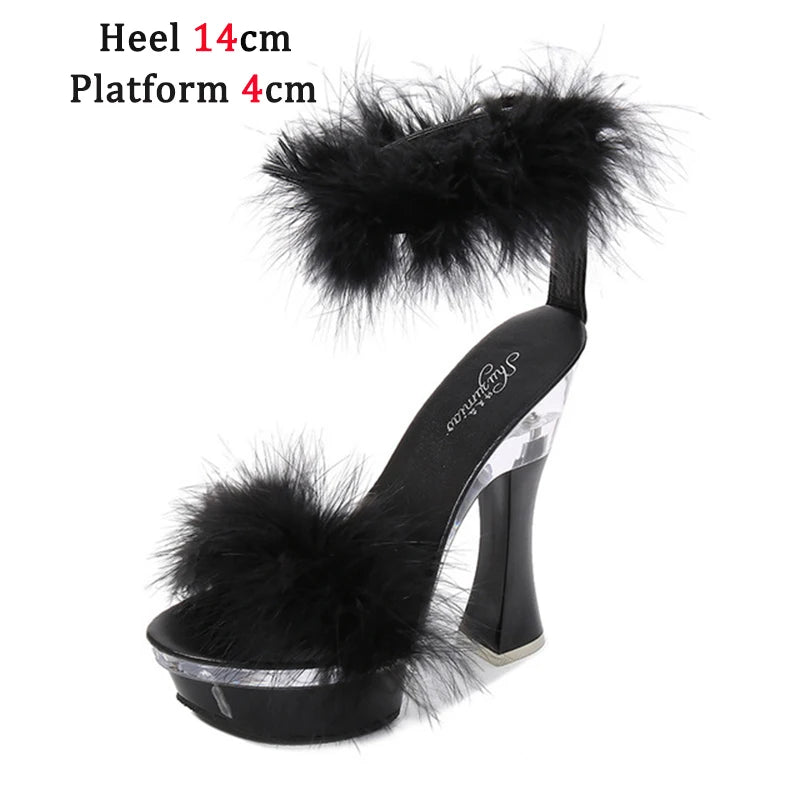 2021 New 4 Color Feather Thick High Heels Platform Sandals Women 14cm 17cm Heels Shoes Female Summer Hair Wedding Pumps Shoes