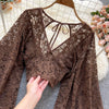 Autumn Black/White/Brown Sexy Lace Blouse Women Elegant V-Neck Puff Long Sleeve Open Back Short Tops Female Party Blusas 2021