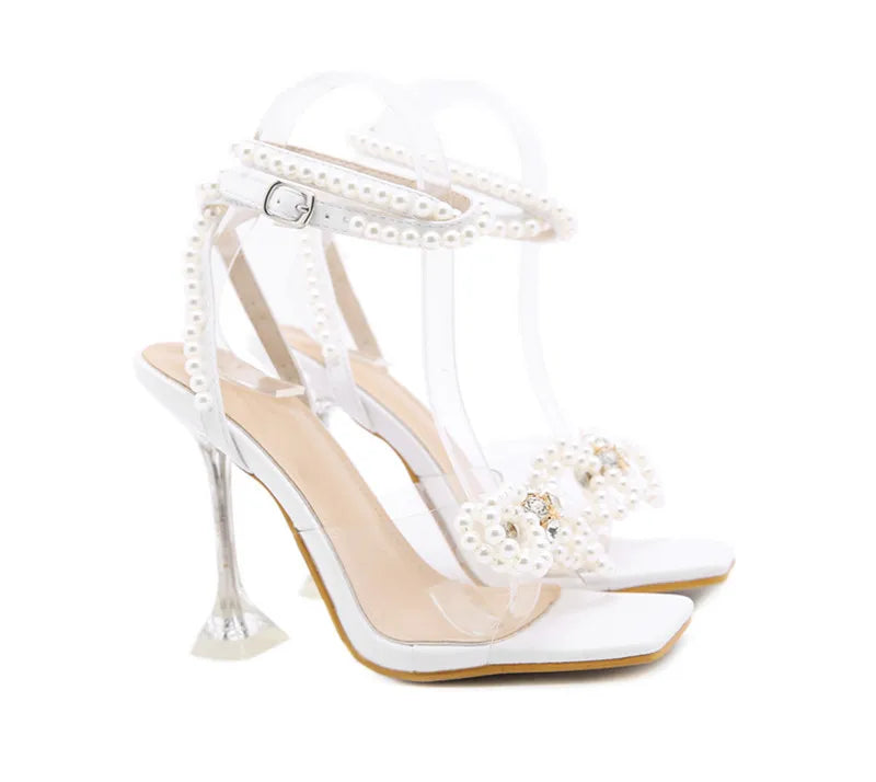 Eilyken New Women Sandals 2025 Summer Sexy Perspex Crystal High Heels Party Wedding Shoes Square Toe Pearls String Bowknot Pumps