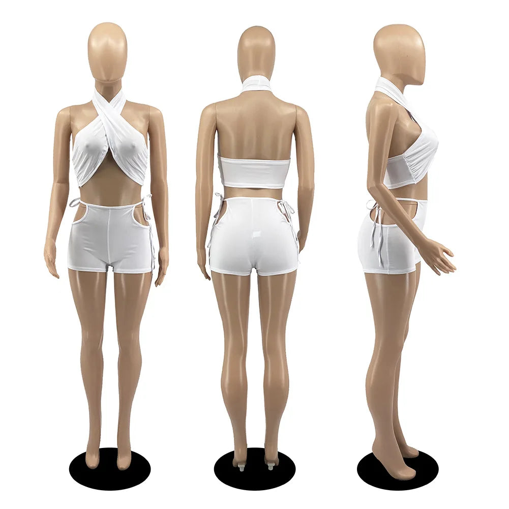 Two Piece Sets for Women Ruched Bandage Criss Cross Solid Women 2024 Spring Backless Club Crop Top and Shorts Matching Set