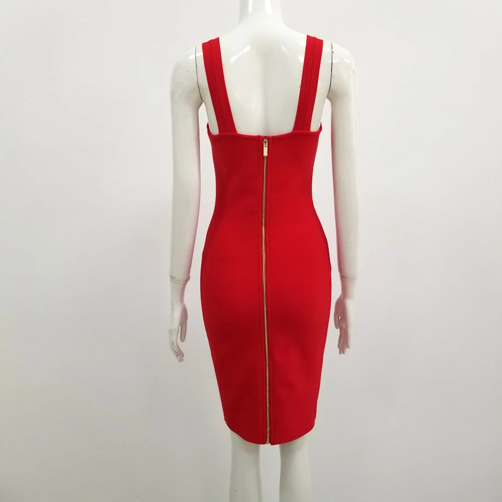 Women Summer Fashion Sexy V Neck Backless Button Red Black White Bodycon Bandage Dress 2022 Designer Evening Party Dress Vestido