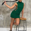 Kliou Stunning Stacked Mini Dress Women Sexy Solid Mock Neck Sleeveless Draw String Bodycon Party Clubwear Elegant Female Skirt