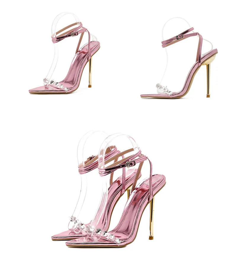 Eilyken Crystal Sexy Women Sandals Metal High Heels Ankle Buckle Strap Gladiator Ladies Pumps Stiletto Nightclub Party Shoes