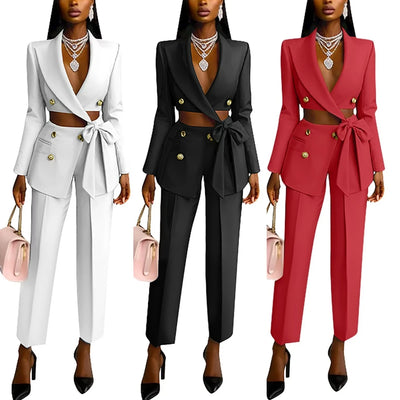 Fashion Summer Ladies Office Wear for Women Elegant Long Sleeve Top and Straight Pants Set Two Piece Set Women Clothing