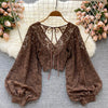 Autumn Black/White/Brown Sexy Lace Blouse Women Elegant V-Neck Puff Long Sleeve Open Back Short Tops Female Party Blusas 2021