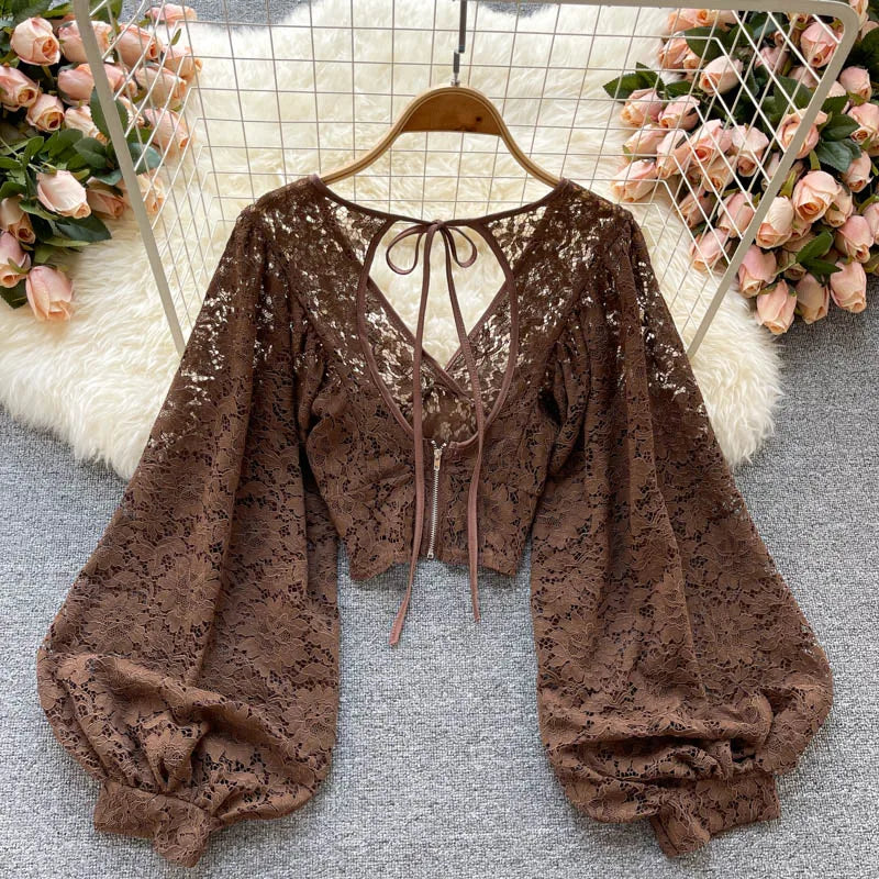 Autumn Black/White/Brown Sexy Lace Blouse Women Elegant V-Neck Puff Long Sleeve Open Back Short Tops Female Party Blusas 2021