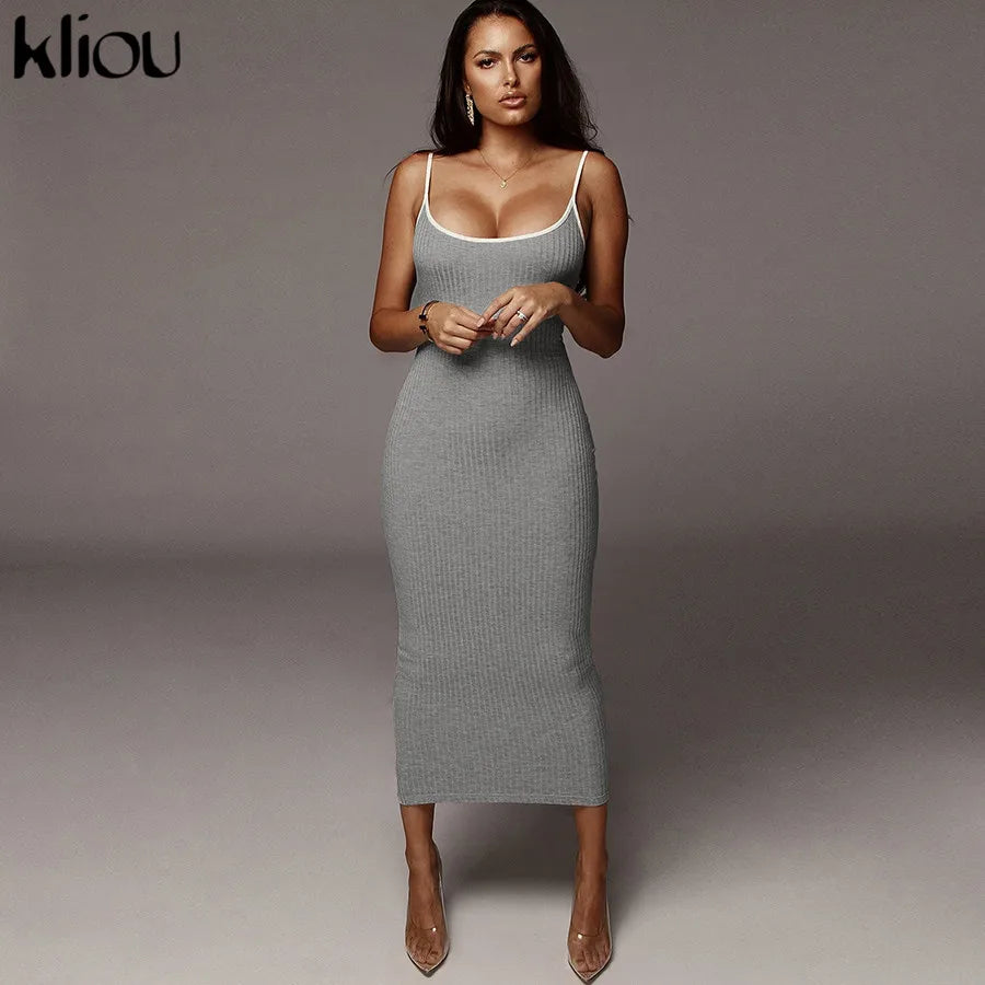 Kliou strap backless sexy bodycon midi long dress new women high waist cotton striped dresses elegant fashion party clothes