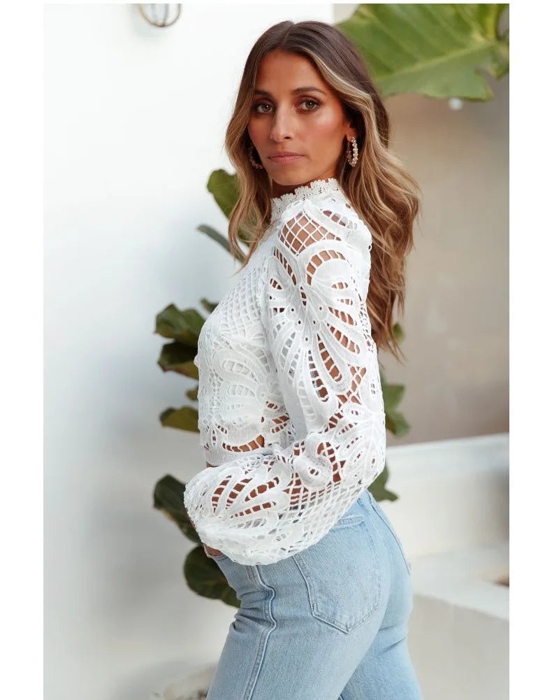 Sexy Long Sleeve White Lace Shirts Women Blouses Casual Crochet Hollow Out Elegant Tops Cropped Turtleneck Blusas 16296