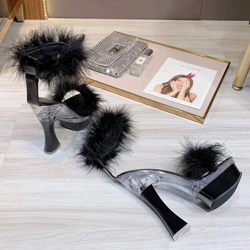 2021 New 4 Color Feather Thick High Heels Platform Sandals Women 14cm 17cm Heels Shoes Female Summer Hair Wedding Pumps Shoes