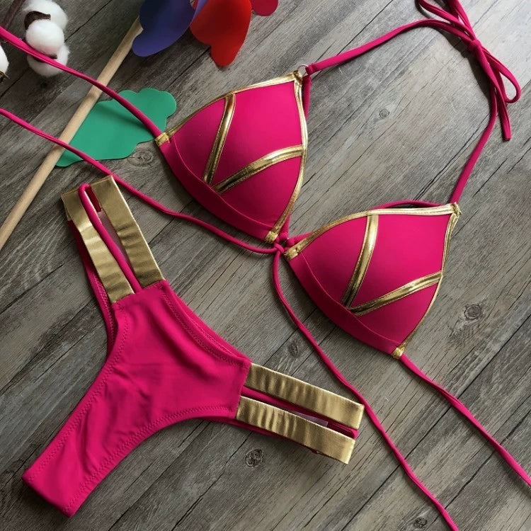 2023 New Arrival Nylon Triangle Bronzing Patchwork Bikini Lady Sexy Swimwear Swimsuit Export Bikini 8 Colors