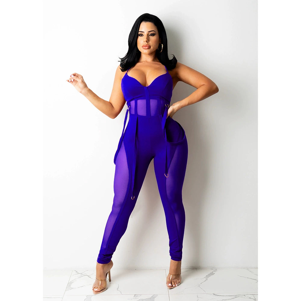 European and American Women's Clothing See-through Sexy Suspender Mesh Jumpsuit