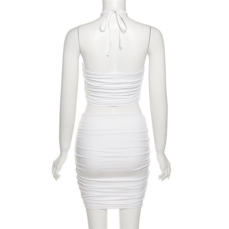 Women's Neck Hanging Hollow Strap Short Top Set Sexy Backless Sleeveless Tank Top and Short Skirt Casual Street Wear Club Party