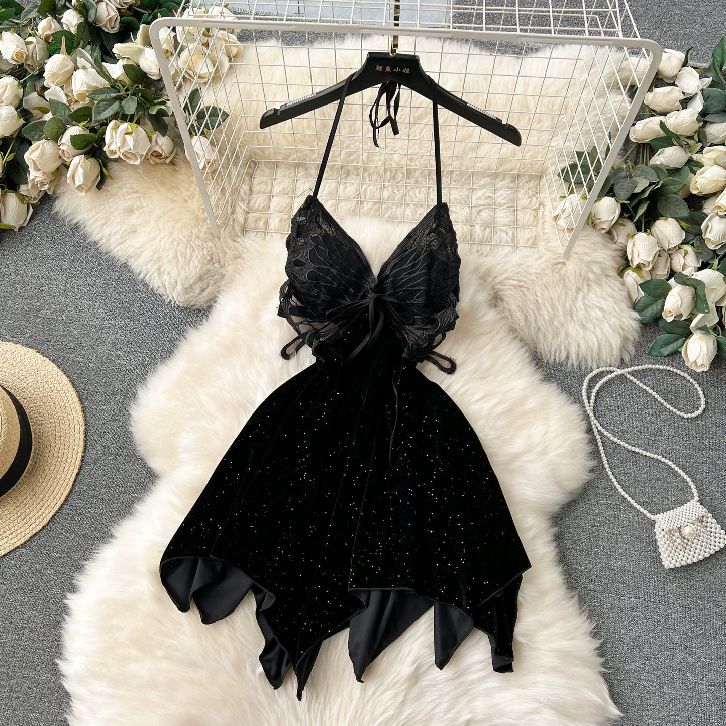 CHILLGIO Women Butterfly Velour Glitter Spaghetti Strap Sexy Fashion Backless Nightie Erotic Irregular A Line Pajamas Sundress