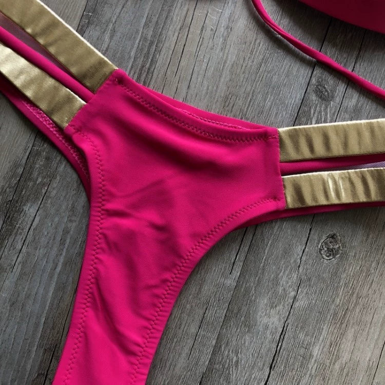 2023 New Arrival Nylon Triangle Bronzing Patchwork Bikini Lady Sexy Swimwear Swimsuit Export Bikini 8 Colors